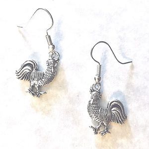 New Antiqued Silvertone Rooster Earrings